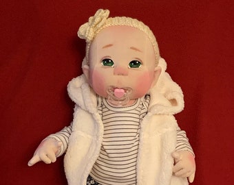 Fretta's Original OOAK 23" Soft Sculpture life size 4 point jointed Magnetic Pacifier Textile Baby Boy Doll. Empathy Baby Doll. Cloth Baby.