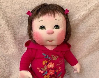 Fretta's OOAK 23" Soft Sculpture life size 4 point jointed Textile Tot Girl Doll. Empathy Baby Doll. Child Friendly Cloth Baby Soft Doll