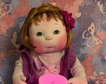 Fretta's OOAK 23" Soft Sculpture life size 4 point jointed Textile Tot Girl Doll. Empathy Baby Doll. Child Friendly Cloth Baby Soft Doll