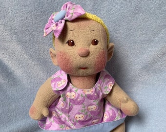 Fretta's OOAK BeBe Cheeks Doll. Jointed 16" Soft Sculpture Girl Baby, Reversible Dress. Textile Empathy Baby Doll. Child Safe Cloth Baby