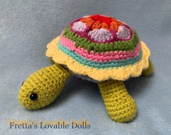 Fretta's 7" Crochet Turtle, Soft Toy, Pin Cushion. Cure Colorful Softie Buddy, Floppy Turtle