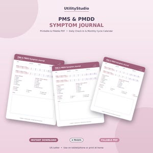 May include: A digital PMS & PMDD Symptom Journal printable and fillable PDF set by UtilityStudio. The pages feature sections for daily check-ins, monthly cycle calendars, physical and emotional symptoms, and notes, presented in a mauve colour scheme.