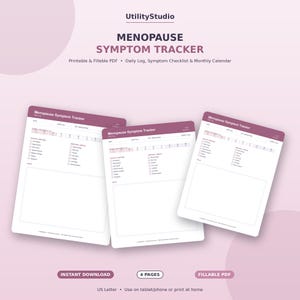 May include: A printable and fillable Menopause Symptom Tracker PDF document by UtilityStudio. The layout includes sections for date, sleep, mood, physical symptoms, emotional states, and notes, presented on three white sheets with dark purple headers.