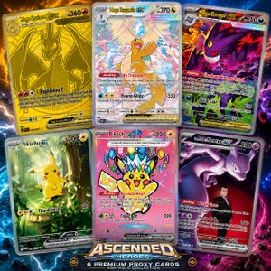 May include: A collection of six trading cards featuring Mega Charizard, Mega Dragonite, Mega Gengar, Pikachu, Tera Pikachu, and Team Rocket's Mewtwo. Each card displays character illustrations, ability text, and HP values on a dark background.