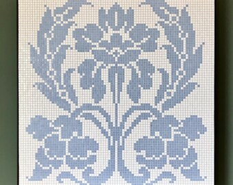 Blue Floral Mosaic Wall Art | Recycled Glass | Handmade Framed Decor 36"