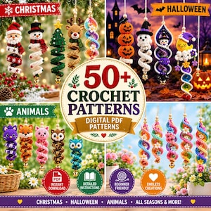 50+ Holiday Crochet Spiral Pattern Bundle PDF | Halloween Wind Spinner Ornament | Hanging Amigurumi Christmas Decor Craft