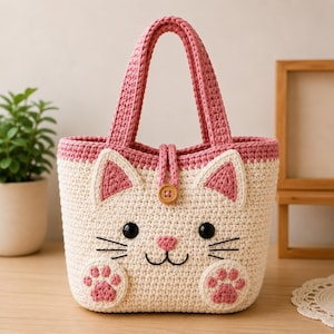 Pode incluir: Uma bolsa de crochê cor de creme com design de rosto de gato, orelhas cor-de-rosa, pegadas de patas cor-de-rosa, olhos de botão pretos e bigodes bordados. A bolsa tem uma borda superior rosa, duas alças rosa correspondentes e um botão de madeira.