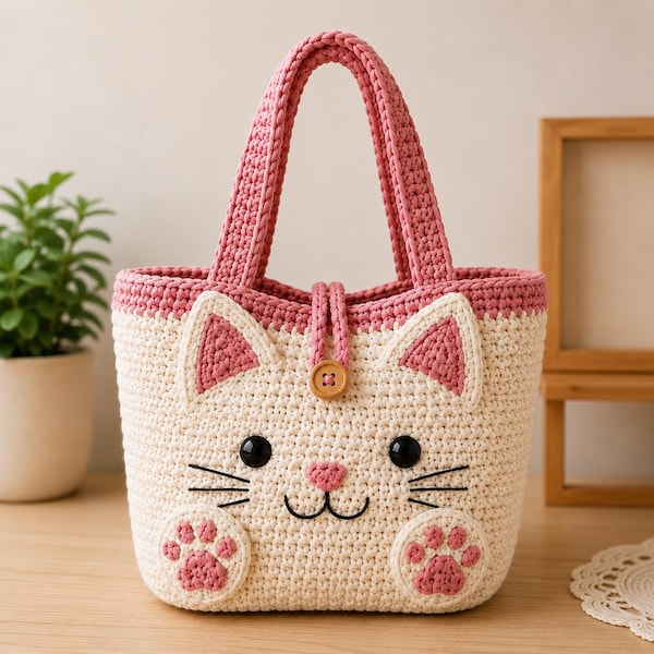 Patrón de bolso de mano de gato a crochet en PDF / Patrón de bolso de gatito adorable a crochet / Tutorial en inglés en PDF / Descarga instantánea / Bolso de crochet DIY