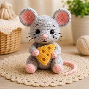 Könnte beinhalten: Ein graues gehäkeltes Maus-Spielzeug mit großen runden Ohren mit rosa Innenseiten, schwarzen Sicherheitsaugen, einer kleinen rosa Nase und schwarzen Schnurrhaaren. Die Maus hält ein gelbes dreieckiges Käsestück mit Löchern und hat rosa Pfoten.