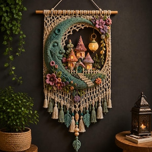 May include: A macrame wall hanging featuring a large crescent moon with a face, a miniature village with illuminated towers, and floral accents. The piece is suspended from a wooden rod and includes dangling tassels, beads, and leaf-shaped elements.