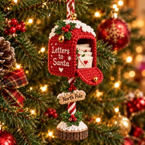 May include: A red crocheted mailbox ornament with white snow trim, featuring the text Letters to Santa, a small heart, and a stack of envelopes inside. The mailbox hangs from a red and white striped post with a North Pole sign and a wood base.