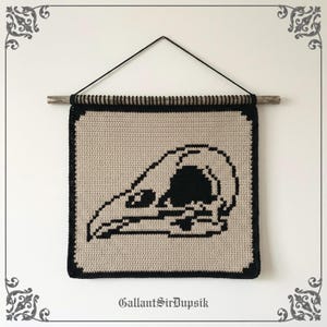 May include: A square crochet wall hanging featuring a black bird skull silhouette on a beige background. The piece is suspended from a wooden dowel with a black cord. The text GallantSirDupsik is printed in black at the bottom of the image.