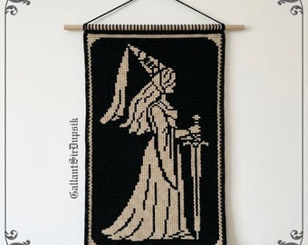 Maiden with Sword Crochet Tapestry Pattern PDF | Medieval Wall Hanging | whimsical decor | Instant Download