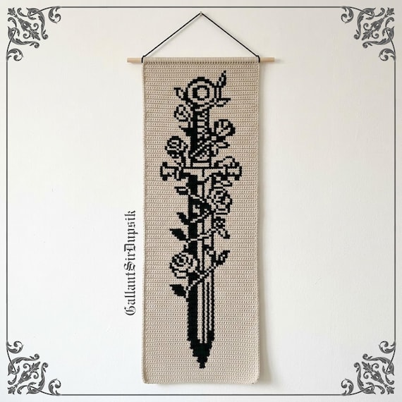 Sword and Rose Crochet Tapestry Pattern PDF | Medieval Wall Hanging | whimsical decor | Instant Download