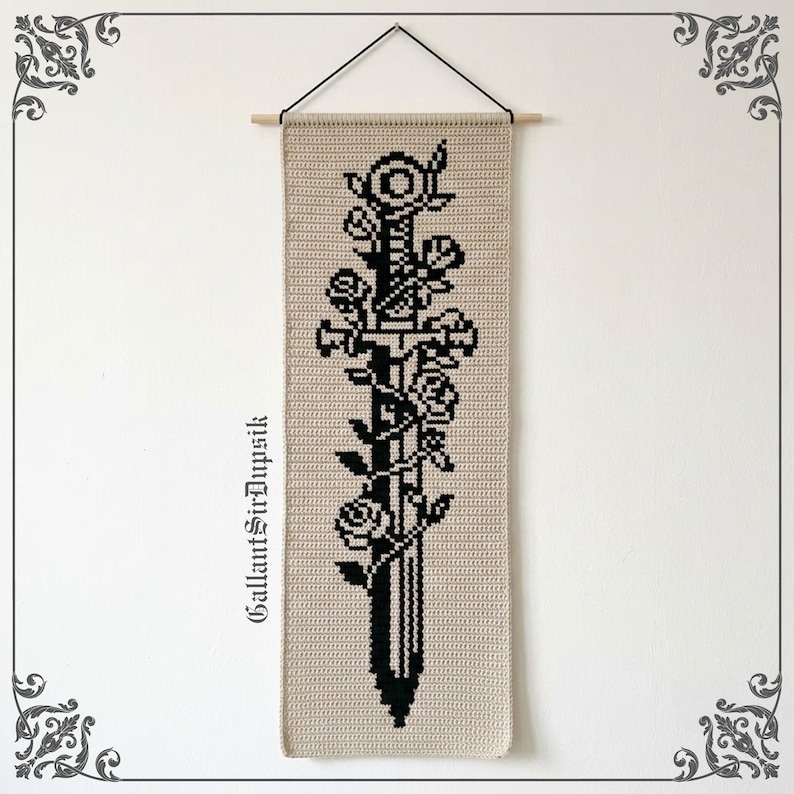 Sword and Rose Crochet Tapestry Pattern PDF | Medieval Wall Hanging | whimsical decor | Instant Download image 1
