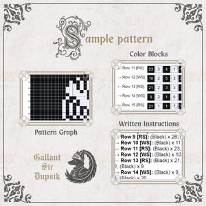 May include: A craft pattern document titled Sample pattern featuring a black and white grid Pattern Graph, a Color Blocks table for rows 11 through 15, and Written Instructions for rows 9 through 14. Includes a Gallant Sir Dupsik logo illustration.