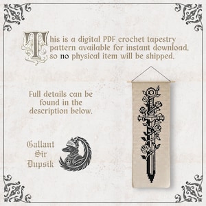 May include: A digital PDF crochet tapestry pattern featuring a black sword entwined with roses on a beige background. Text reads: This is a digital PDF crochet tapestry pattern available for instant download, so no physical item will be shipped.