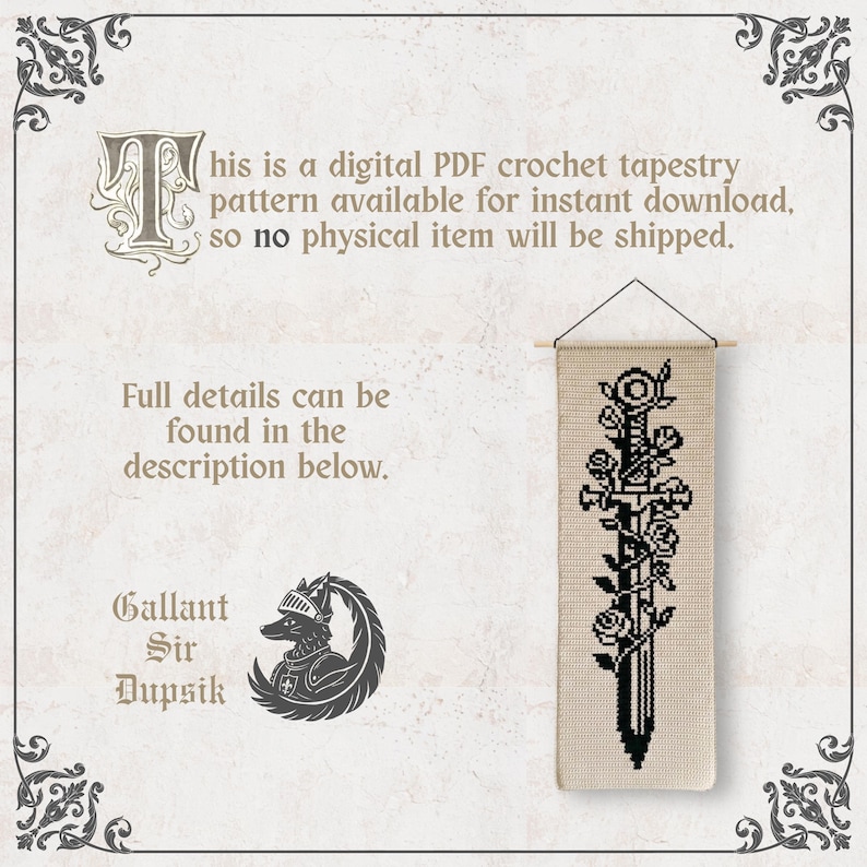 May include: A digital PDF crochet tapestry pattern featuring a black sword entwined with roses on a beige background. Text reads: This is a digital PDF crochet tapestry pattern available for instant download, so no physical item will be shipped.