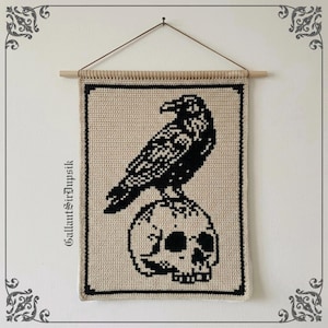 May include: A rectangular crochet wall hanging featuring a black raven perched on a human skull against a beige background. The design is framed by a black border and suspended from a wooden dowel with a string. The text GallantSirDupsik is visible.