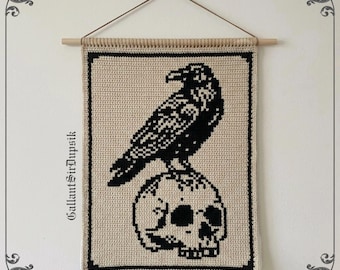 Crow on Skull Crochet Tapestry Pattern PDF | Victorian Wall Hanging | gothic decor | Instant Download
