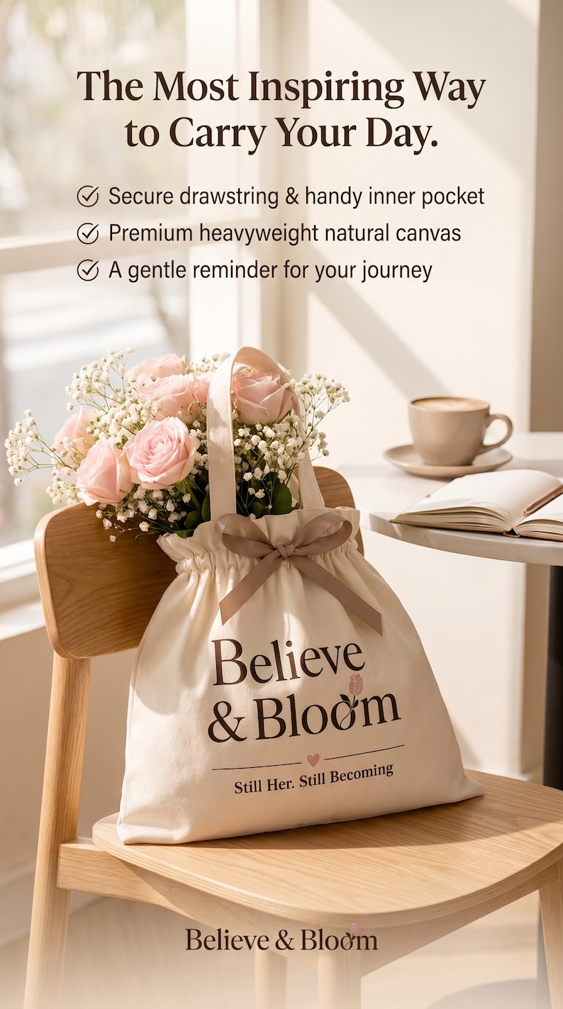 Peut inclure: Un sac fourre-tout en toile naturelle avec cordon de serrage portant le texte Believe & Bloom et Still Her. Still Becoming. Le sac est dot&eacute; d'un ruban marron et contient un bouquet de roses rose clair et de fleurs de gypsophile blanches.