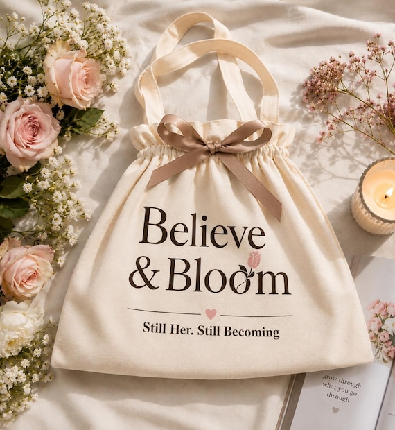 Cotton Canvas Tote Bag, Believe & Bloom Affirmation Design, Bookish Shoulder Bag
