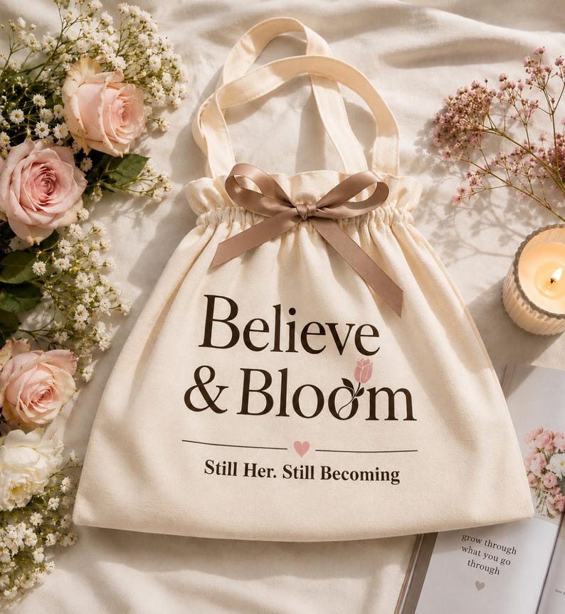 Peut inclure: Un sac fourre-tout en toile cr&egrave;me avec un cordon de serrage et un n&oelig;ud en ruban de satin marron sur le dessus. Le sac porte l'inscription "Believe & Bloom" en marron fonc&eacute;, une petite ic&ocirc;ne de tulipe rose et "Still Her. Still Becoming".