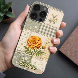 Embroidered Flower Phone Case, Custom Name Cottagecore Gift, Floral Patchwork iPhone Cover, Sage Green Marigold Case, Gift for Garden Lover.