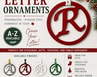 Personalized Steel Letter Ornament, Custom Monogram Christmas Tree Decor, Handmade in Texas