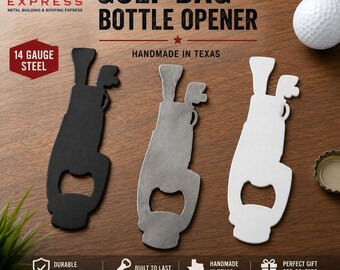 Pode incluir: Três abridores de garrafa em forma de sacos de golfe, feitos de aço de calibre 14. Os abridores estão disponíveis em preto, aço cru e branco. O texto MBR EXPRESS GOLF BAG BOTTLE OPENER HANDMADE IN TEXAS é visível na imagem.