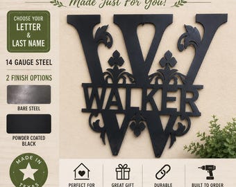 Pode incluir: Uma placa de metal preta com uma letra W grande com volutas decorativas e o nome WALKER recortado no centro. A placa é exibida ao lado de opções de texto para letras personalizadas, nomes, aço de calibre 14 e duas opções de acabamento.