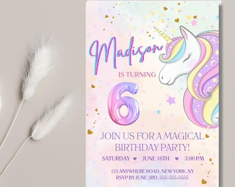 Verjaardagsuitnodiging eenhoorn: magisch regenboogfeest (BEWERKBARE CANVA-digitale download)