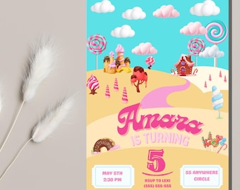 Candyland-verjaardagsuitnodiging: bewerkbare themasjabloon snoep (canva)