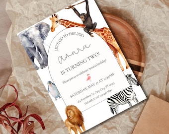 Invitation d'anniversaire de zoo : animaux de safari, modèle de toile modifiable