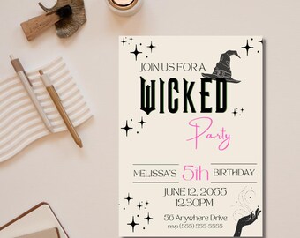 Uitnodiging voor Wicked-verjaardagsfeestje: Elphaba & Glinda-thema (bewerkbaar op canvas)