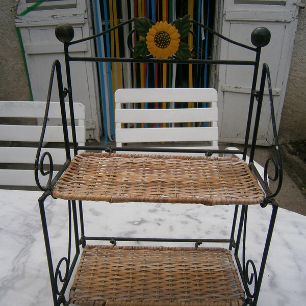 Vintage French "Shelves wicker and wrought iron"