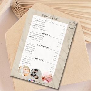 Lyxigt spa-menymall | Redigerbar Canvas-prisguide (digital nedladdning)