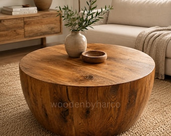 Handgemaakte massief houten ronde salontafel | Rustieke moderne drumtafel | Houten woonkamermeubilair