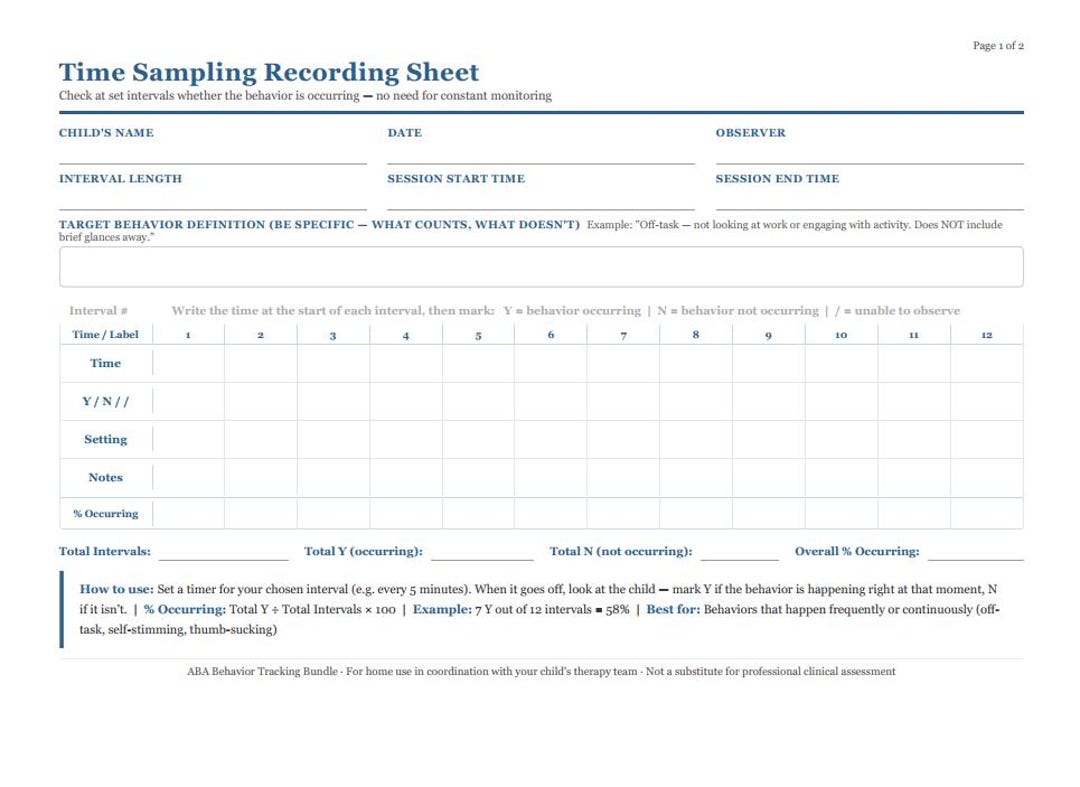 Time Sampling Recording Sheet - Etsy
