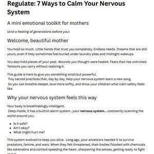 May include: White text on a white background reads "Regulate: 7 Ways to Calm Your Nervous System." The text continues with "A mini emotional toolkit for mothers" and further explains the nervous system.