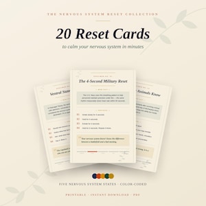 Può includere: Un set di 20 carte di ripristino stampabili intitolate The Nervous System Reset Collection. Le carte presentano testo tra cui The 4-Second Military Reset, Ventral State e What Animals Know, con istruzioni, passaggi numerati e sezioni codificate a colori.