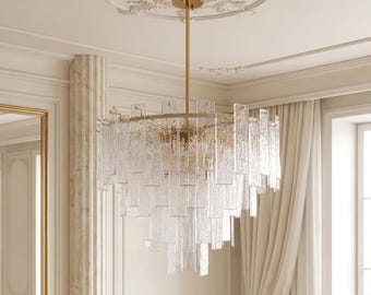 Lampadario moderno in vetro, lussuoso faretto a LED da soffitto | Elegante illuminazione per sala da pranzo, lampada a sospensione dorata dimmerabile, apparecchio in vetro