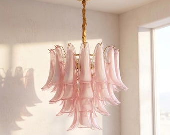 Rosalba Murano kroonluchter, roze glazen bloemkroonluchter, luxe gouden plafondlamp, hanglamp in Italiaanse stijl, eetkamerdecoratie