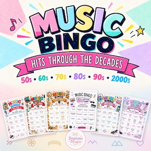 Puede incluir: Un juego de Music Bingo con seis tarjetas distintas para las décadas de los 50, 60, 70, 80, 90 y 2000. El título principal dice Music Bingo Hits Through The Decades, con gráficos coloridos que incluyen notas musicales, estrellas e iconos retro.