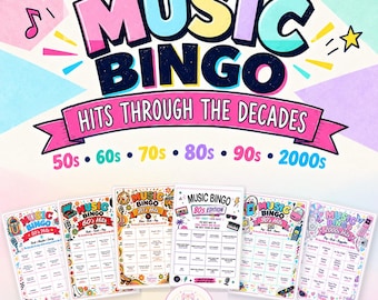 Music Bingo Through the Decades Bundle + Free Awards Kit | 600 Printable Cards | 50s to 2000s | Spotify & YouTube Playlists | English PDF