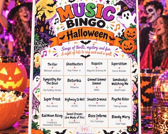 Può includere: Una scheda di gioco Music Bingo Halloween rettangolare con un bordo colorato di zucche, fantasmi, pipistrelli e una ragnatela. Il testo recita Music Bingo Halloween ed elenca sedici diversi titoli di canzoni.