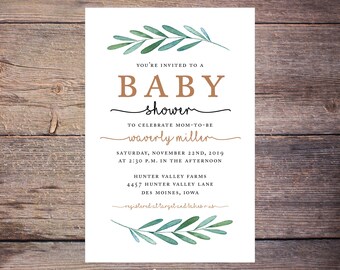 greenery baby shower invite leaves gender neutral boy or etsy