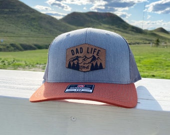 Father's Day Mountain Dad Life Leather Patch Snapback Hat - Heather Grey/ Charcoal/ Dark Orange