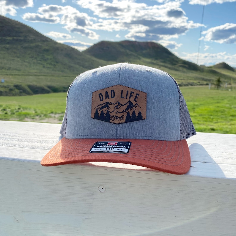 Father's Day Mountain Dad Life Leather Patch Snapback Hat Heather Grey/ Charcoal/ Dark Orange image 1