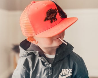 Bright Orange Kids Dinosaur Leather Patch Snapback Hat - Triceratops Kids Hat - Stegosaurus Youth Hat